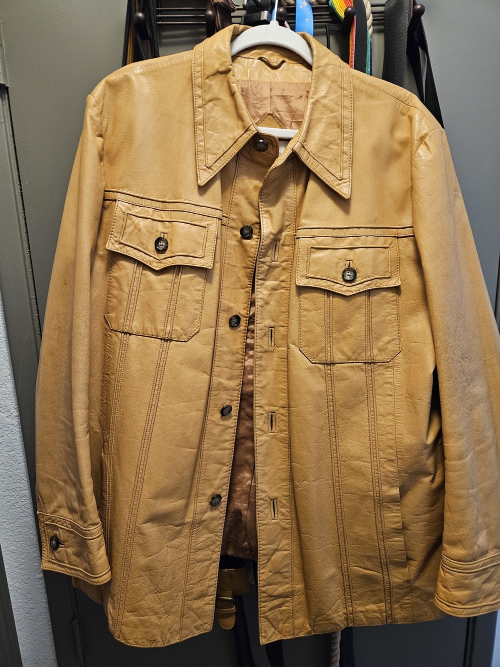 Men's Tan Leather Jacket - Classic Button-Front Coat